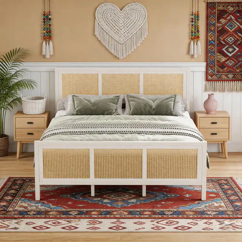 Boho Cane Platform Bed Frame